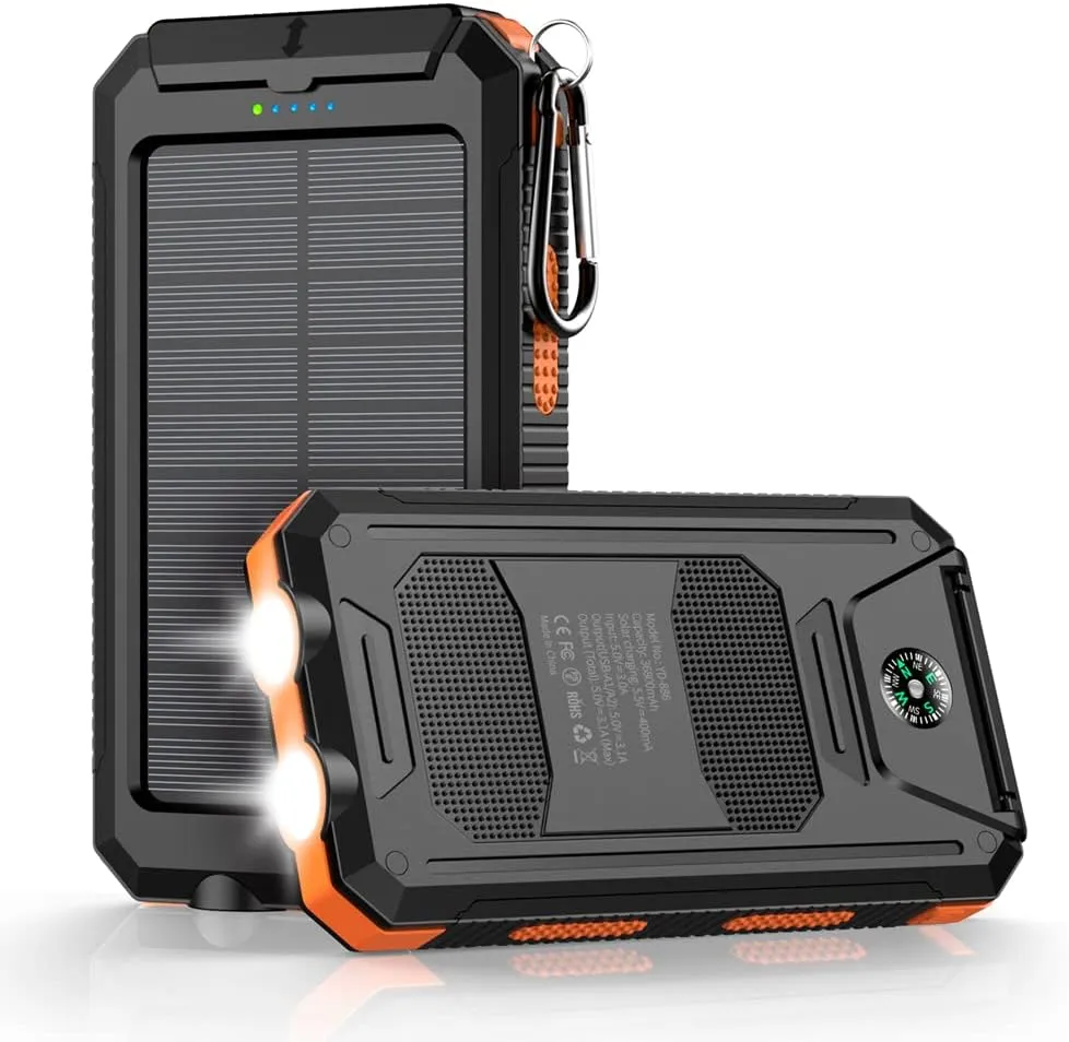 Power-Bank-Portable-Charger-Solar - 36800mAh Waterproof Portable External Backup Battery Charger Built-in Dual QC 3.0 5V3.1A Fast USB and Flashlight for All Phone and Electronic Devices (Deep Orange)