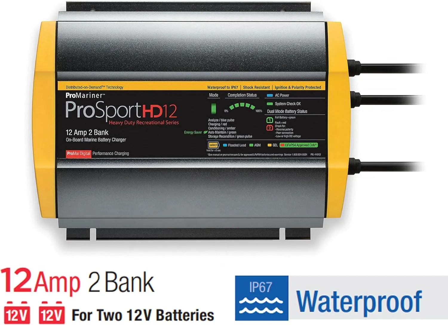 ProMariner 44012 ProSport HD Waterproof Marine Battery Charger, 12 Amp, 2 Bank