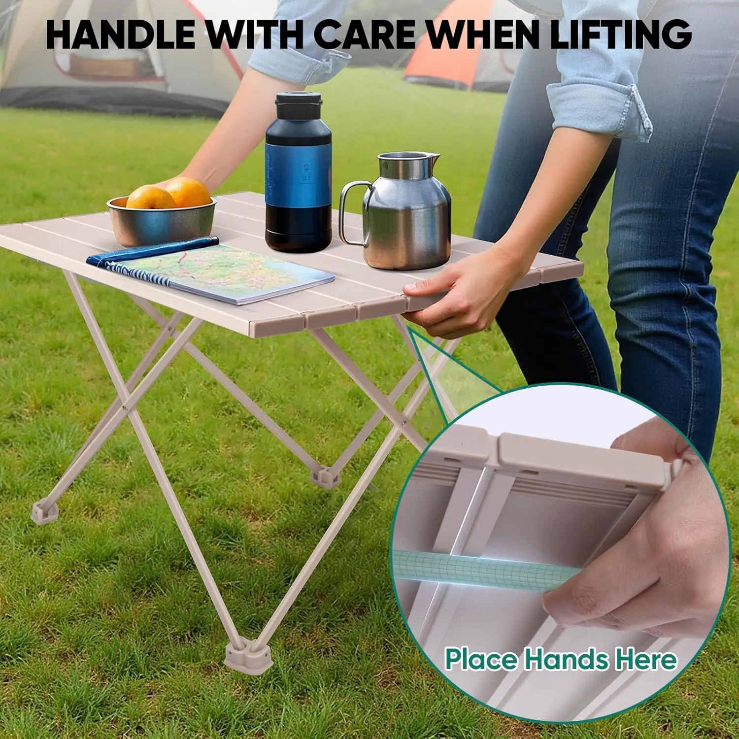 PTEROMY Folding Camping Table, Portable Beach Table with Ultralight Aluminum Tabletop for Travel, Outdoor, Camping, Picnics, and BBQs (Small, Beige)