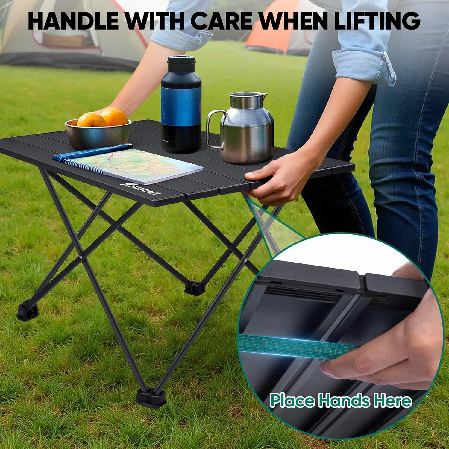 PTEROMY Folding Camping Table, Portable Beach Table with Ultralight Aluminum Tabletop for Travel, Outdoor, Camping, Picnics, and BBQs (Small, Black)