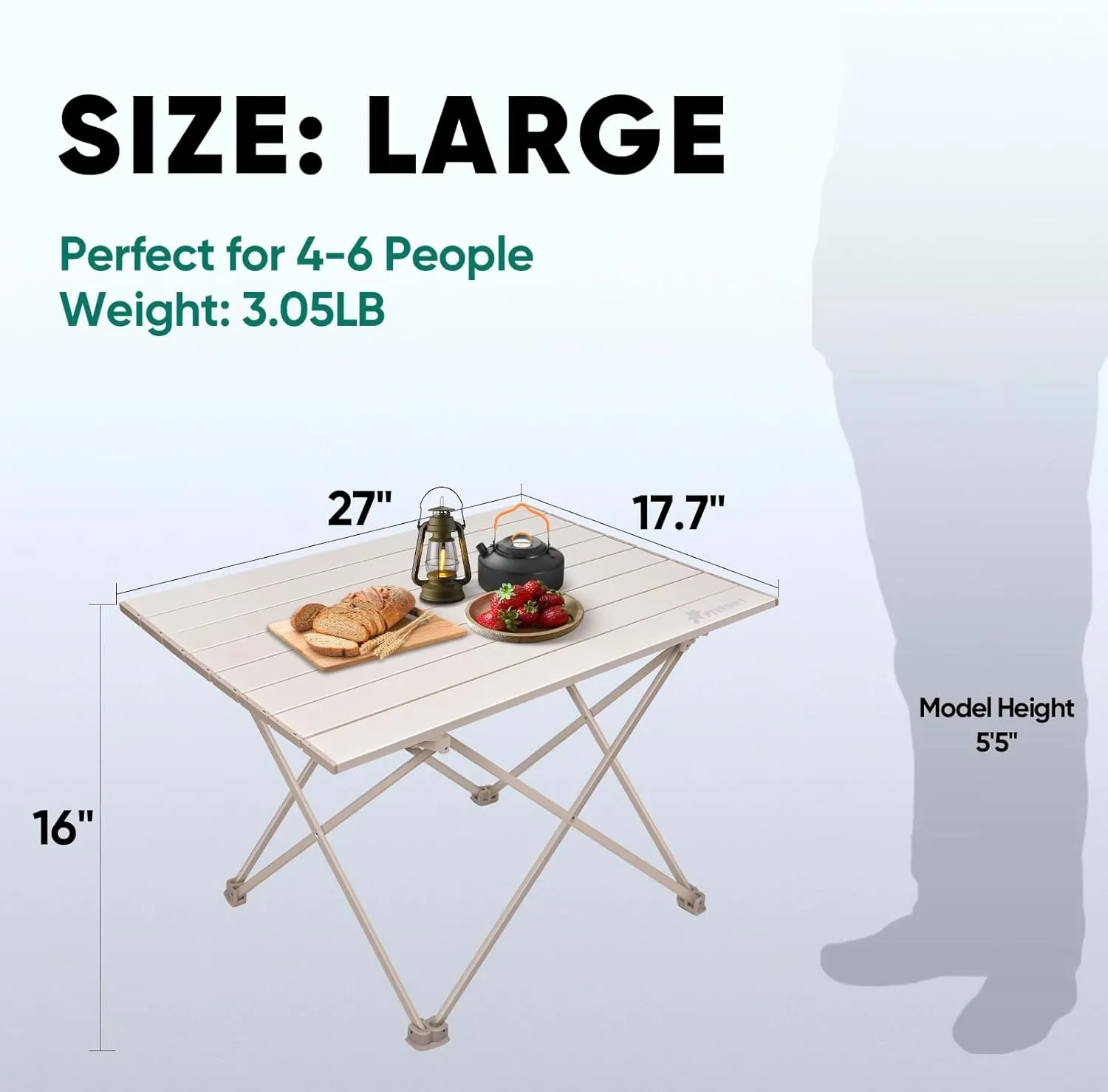 PTEROMY Folding Camping Table with Ultralight Aluminum Tabletop, Camping Side Table Portable Beach Table Outdoor Folding Table for Camping, Picnics, and BBQs (Large, Beige)