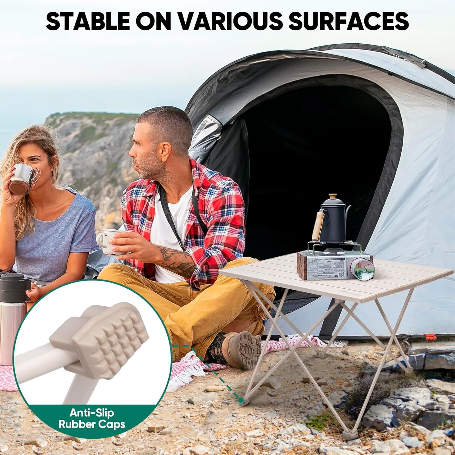 PTEROMY Folding Camping Table with Ultralight Aluminum Tabletop, Camping Side Table Portable Beach Table Outdoor Folding Table for Camping, Picnics, and BBQs (Large, Beige)