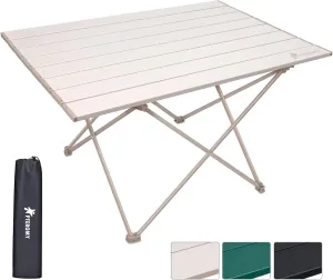PTEROMY Folding Camping Table with Ultralight Aluminum Tabletop, Camping Side Table Portable Beach Table Outdoor Folding Table for Camping, Picnics, and BBQs (Large, Beige)