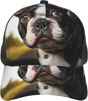 Puppy Dog Boston Terrier Baseball Cap with Breathable Mesh, Adjustable Golf Dad Hat Trucker Hats Quick Dry Outdoor Sun Hat Black