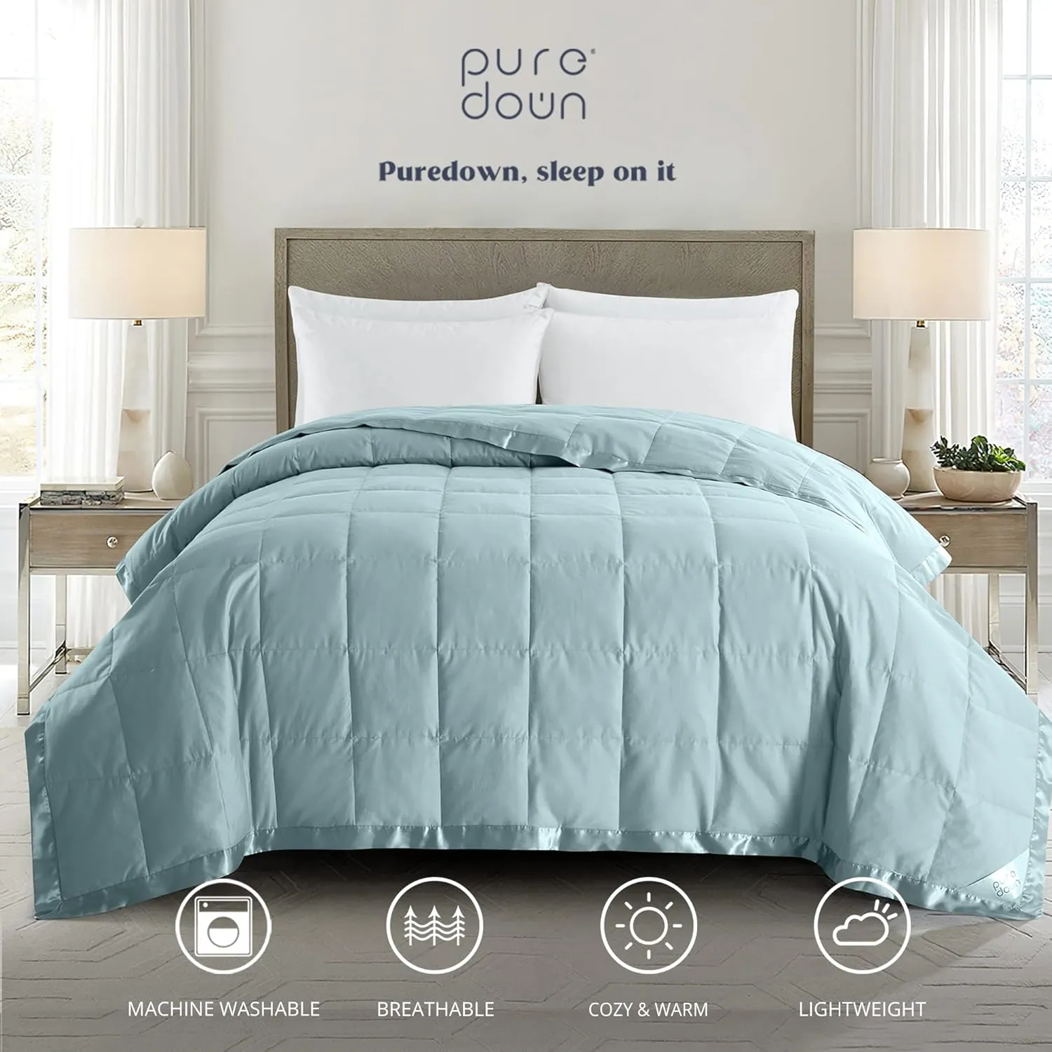 puredown® Blankets King Size - Soft Lightweight Down Blanket for All Seasons, Cozy Warm Luxury Bed Blanket with Satin Trim, Cotton Cover, Blue (108"X90")