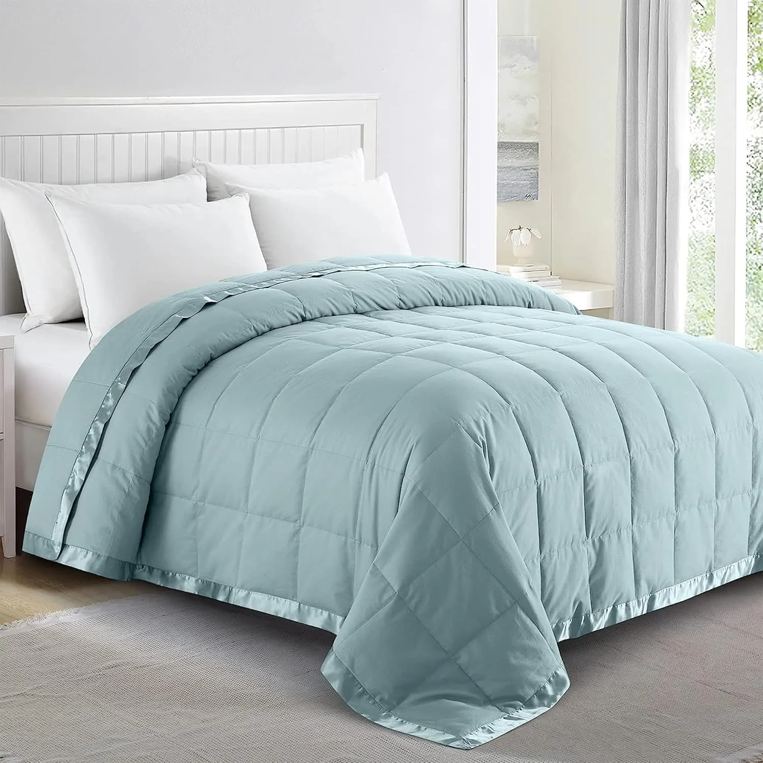 puredown® Blankets King Size - Soft Lightweight Down Blanket for All Seasons, Cozy Warm Luxury Bed Blanket with Satin Trim, Cotton Cover, Blue (108"X90")