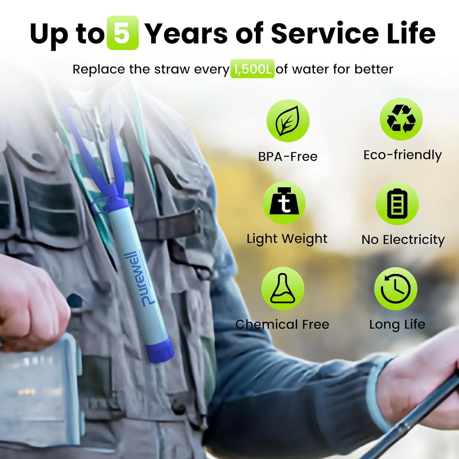 Purewell Outdoor Water Filter Personal Water Filtration Straw Emergency Survival Gear Water Purifier for Camping Hiking Climbing Backpacking(4pcs)