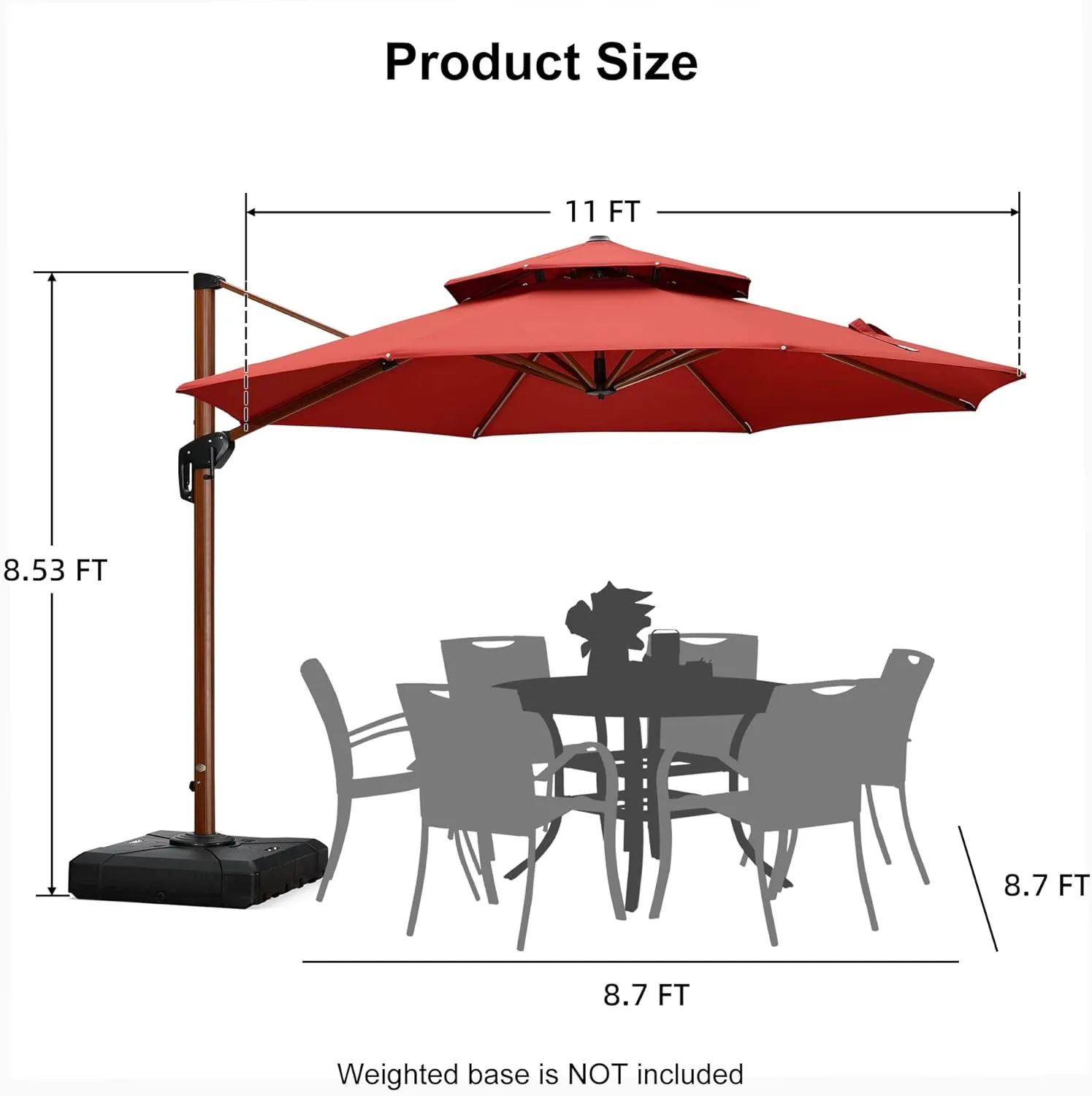 PURPLE LEAF 11ft Patio Umbrella Outdoor Round Umbrellas Large Cantilever Umbrella Windproof Offset Umbrellas Heavy Duty Sun Umbrella for Garden Deck Pool Patio, Brick Red