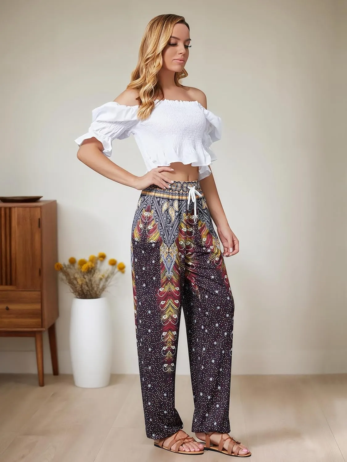 QIANXIZHAN Women's Harem Pants, Hippie Palazzo Pants Boho Joggers Yoga Clothes with Pockets