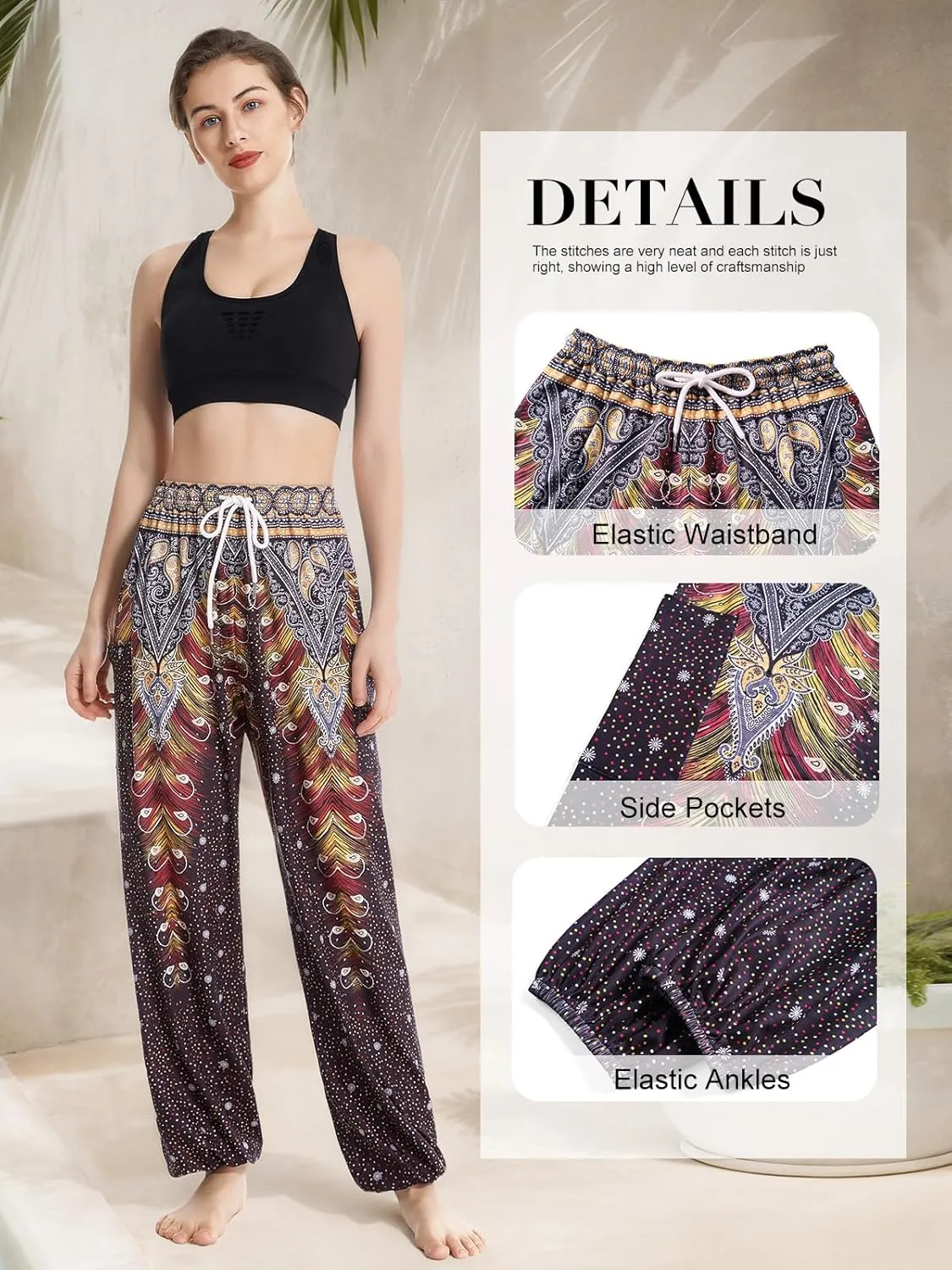 QIANXIZHAN Women's Harem Pants, Hippie Palazzo Pants Boho Joggers Yoga Clothes with Pockets