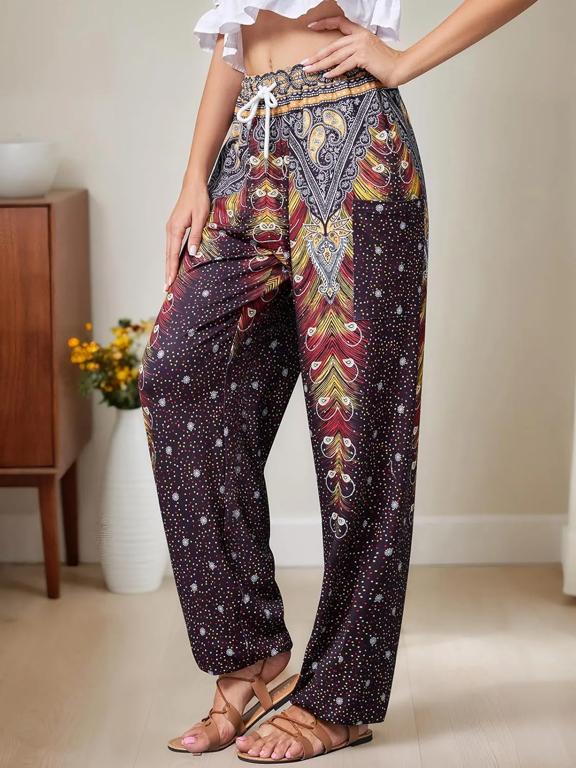 QIANXIZHAN Women's Harem Pants, Hippie Palazzo Pants Boho Joggers Yoga Clothes with Pockets
