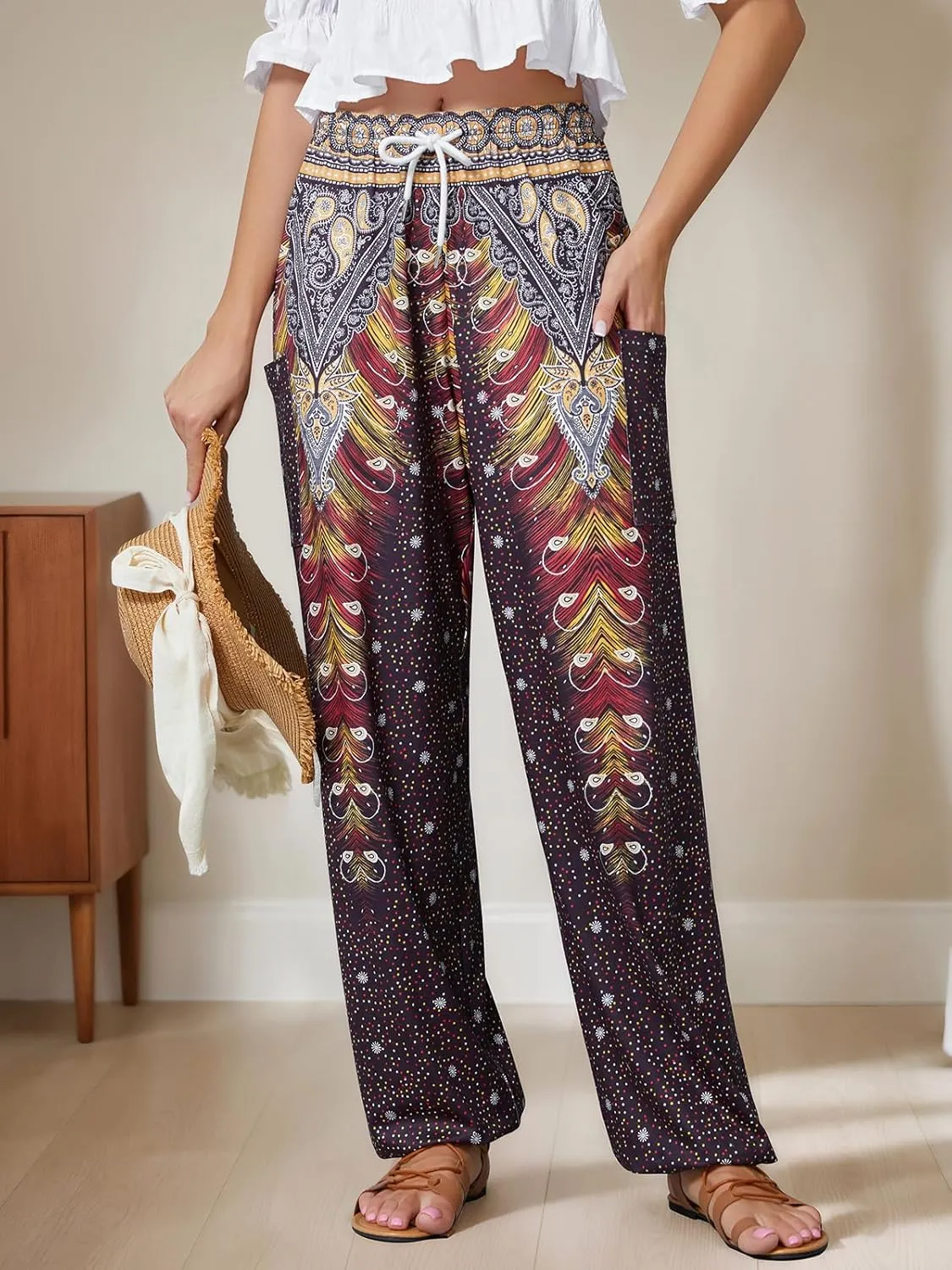 QIANXIZHAN Women's Harem Pants, Hippie Palazzo Pants Boho Joggers Yoga Clothes with Pockets