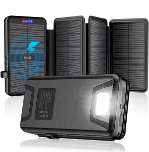 QiSa Solar Charger 38800mAh Power Bank with Dual 5V3.1A Outputs 10W Qi Wireless Charger Waterproof Built-in Solar Panel and Bright Flashlights
