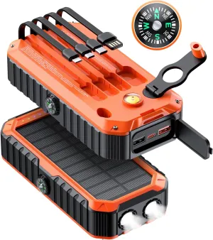 QiSa Solar Charger Power Bank 40000mAh Built in 4 Cables and Hand Crank, Portable Charger 22.5W Fast Charger 6 Outputs & 4 Inputs External Battery Pack with Bright Flashlight and Compass