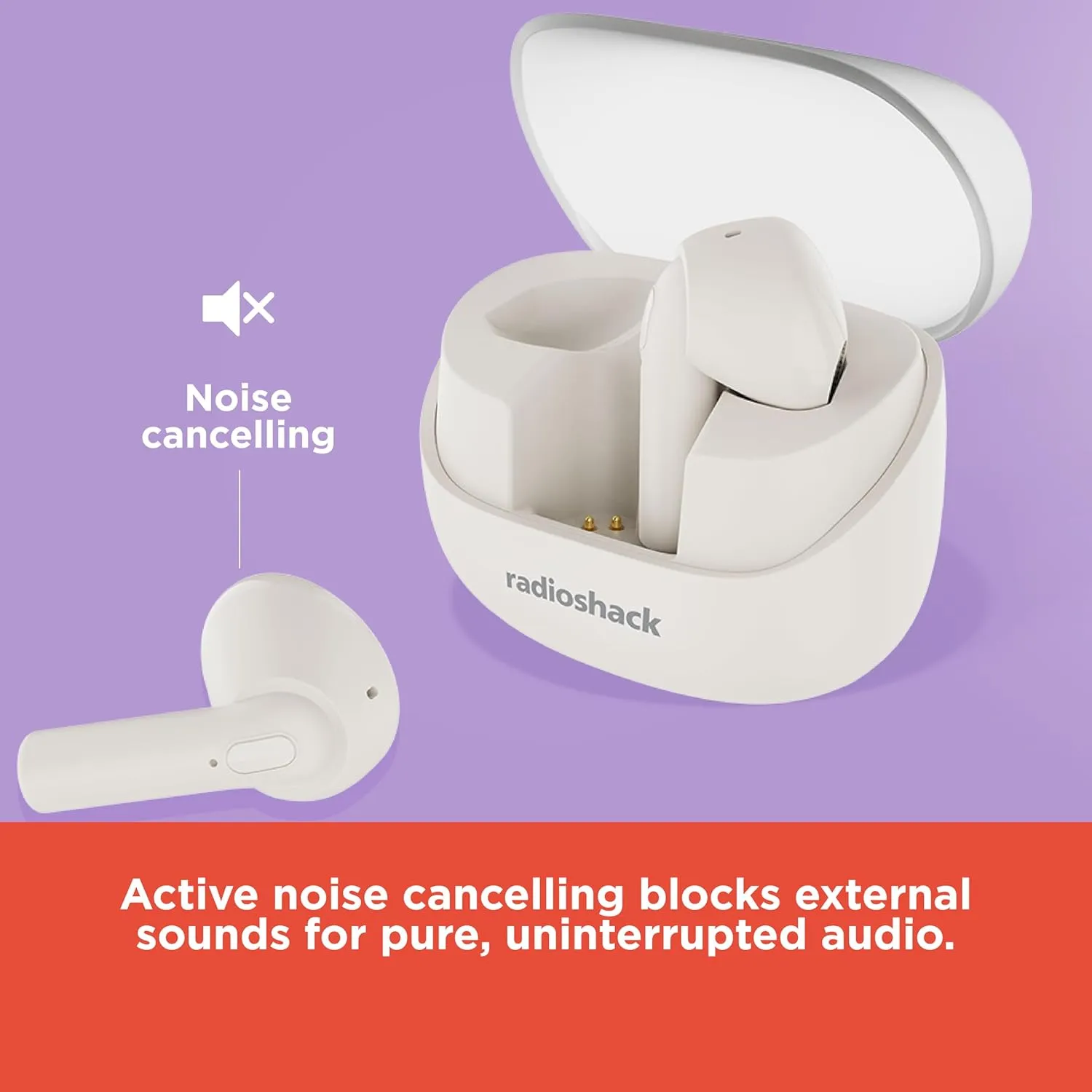 RadioShack Live Sound Wireless Bluetooth Earbuds with Noise Cancellation, IPX5 Waterproof (White)