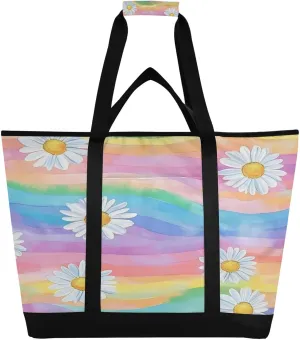 Rainbow Daisy Reusable Insulated Lunchbox Cooler Bag, Leakproof Kitchen Grocery Bag Collapsible Portable Cooler Tote Bag for Picnic, Camping, Office, Travel