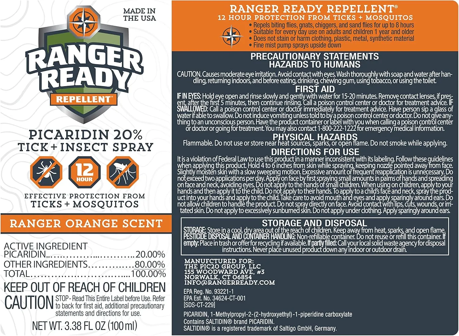 Ranger Ready Picaridin 20% Tick & Insect Repellent, Ranger Orange Scent Deet-Free Bug Spray, Travel Size 3.4 Oz. (Pack of 2)