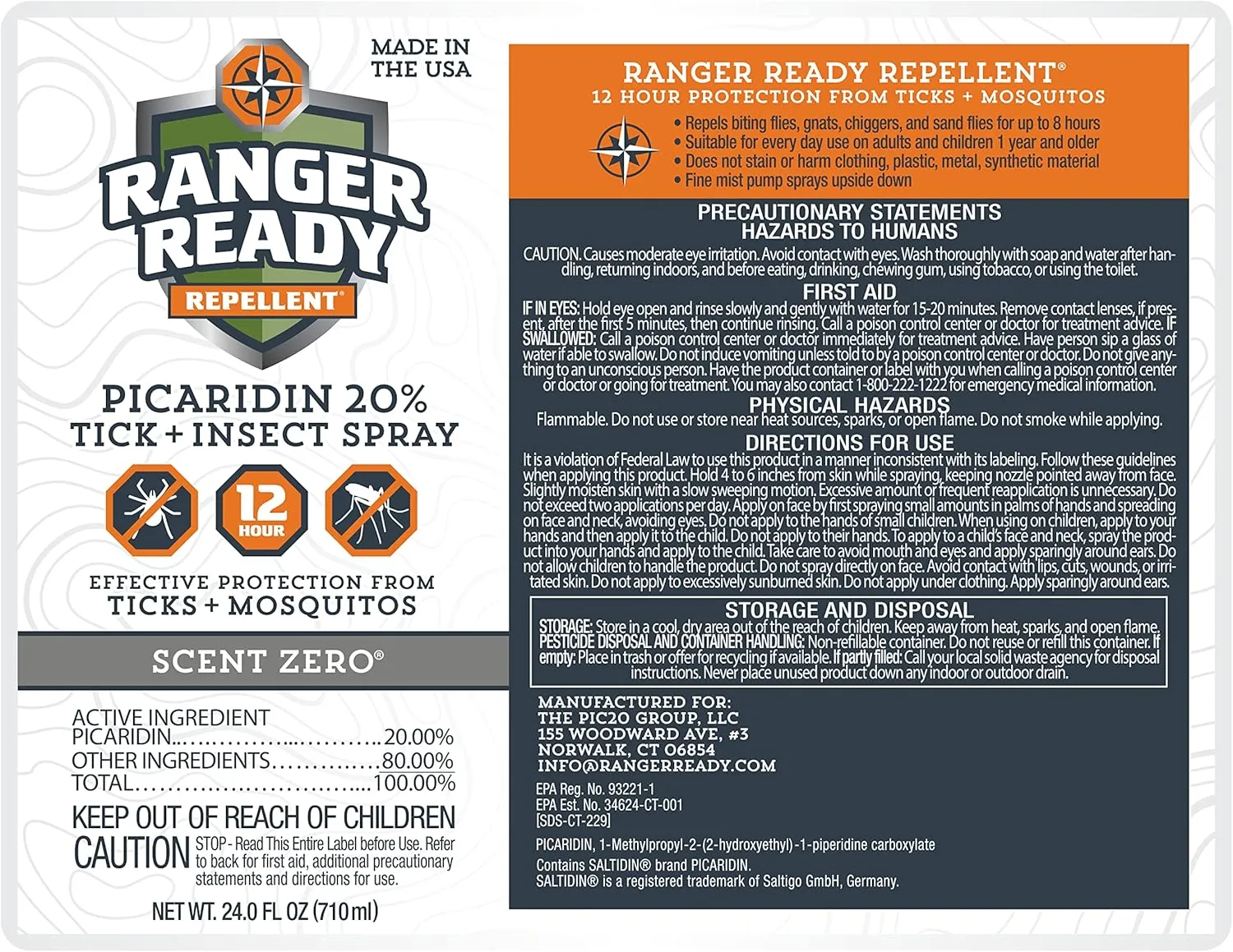 Ranger Ready Repellents Picaridin Insect Repellent Spray with Scent Zero - Mosquito Repellent and Tick Spray (24 oz.)