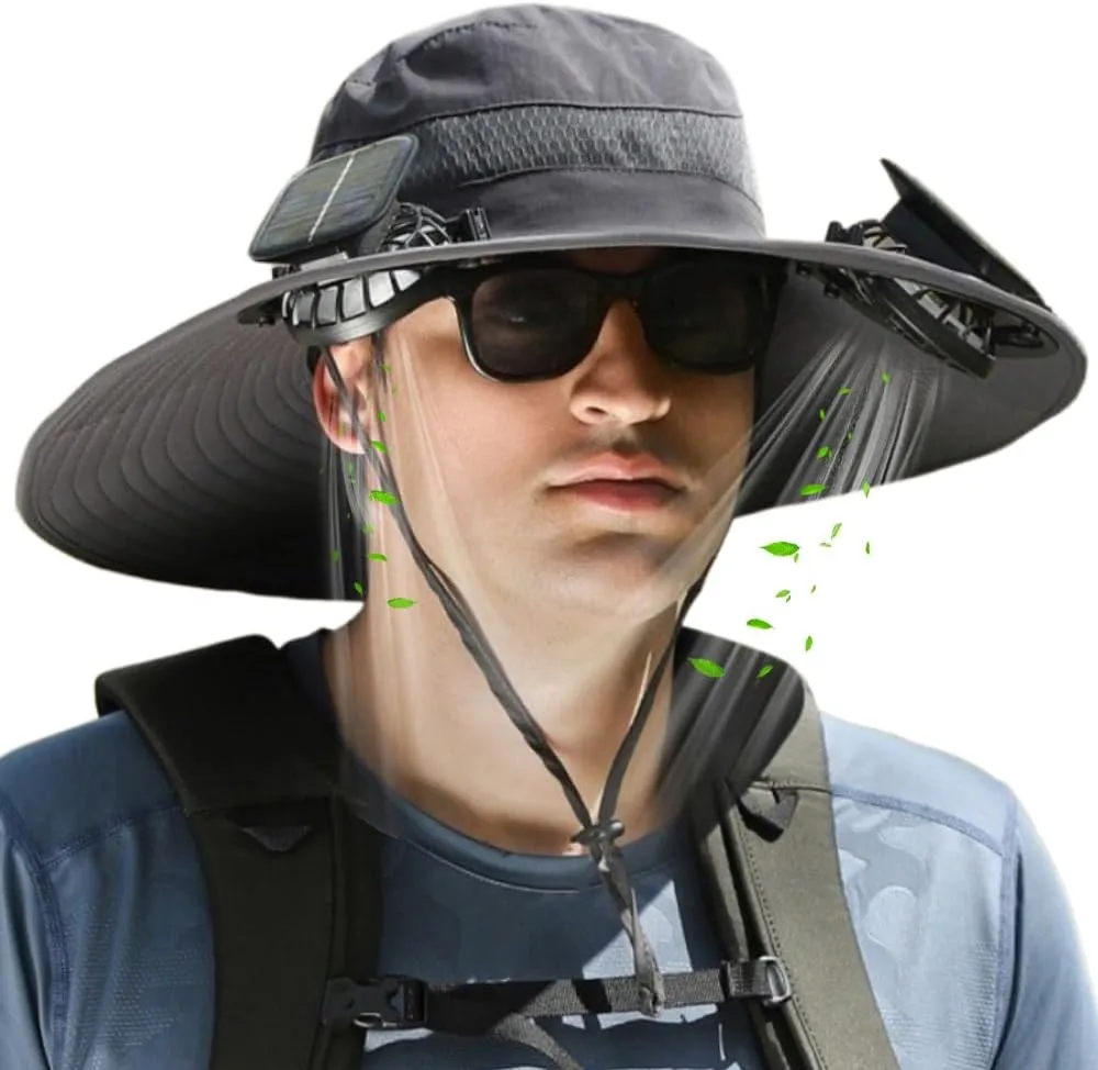 RAPTURA Outdoor Wide Brim Solar Fan Hat with 2 Solar Fan, Solar Fan Hats for Men Women, Solar & USB Charging UPF 50 