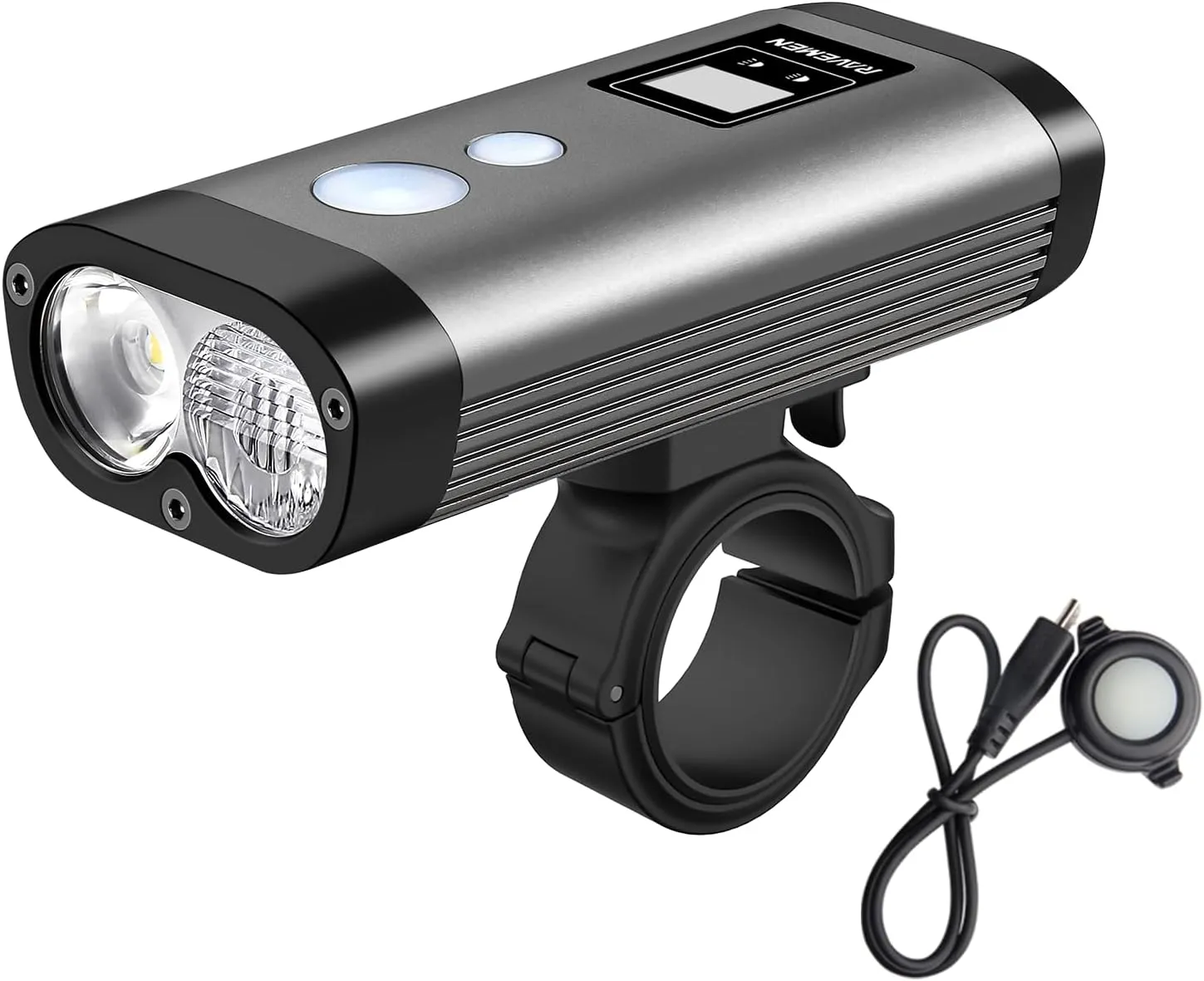 RAVEMEN PR1200 Bike Light with Anti-Glare Beam, 1200 Lumens 5200mAh Front Headlight with Wired Remote, USB Output, LED Display, IPX8 Waterproof for Mountain Biking, Road Cycling, Commuter