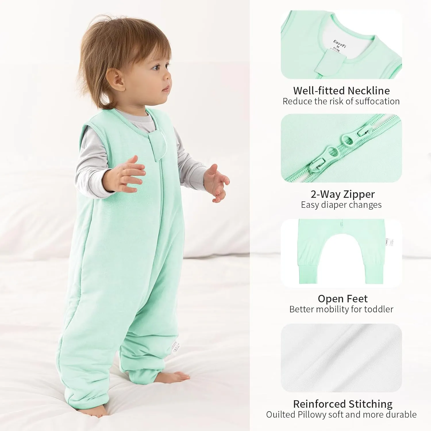 Rayon Made from Bamboo Sleep Sack 12-24 Months 0.5 Tog Ultra Soft Summer Toddler Sleep Sack 1t-2t with Feet 2-Way Zipper Lightweight Sleeping Bag Baby Wearable Blanket (2 Pack)-Green & Blue