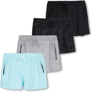 Real Essentials 4 Pack: Womens Athletic Dry-Fit Lounge Shorts with Zipper Pockets (Available in Plus Size) Real Essentials 4 Pack: Womens Athletic Dry-Fit Lounge Shorts with Zipper Pockets (Available in Plus Size)