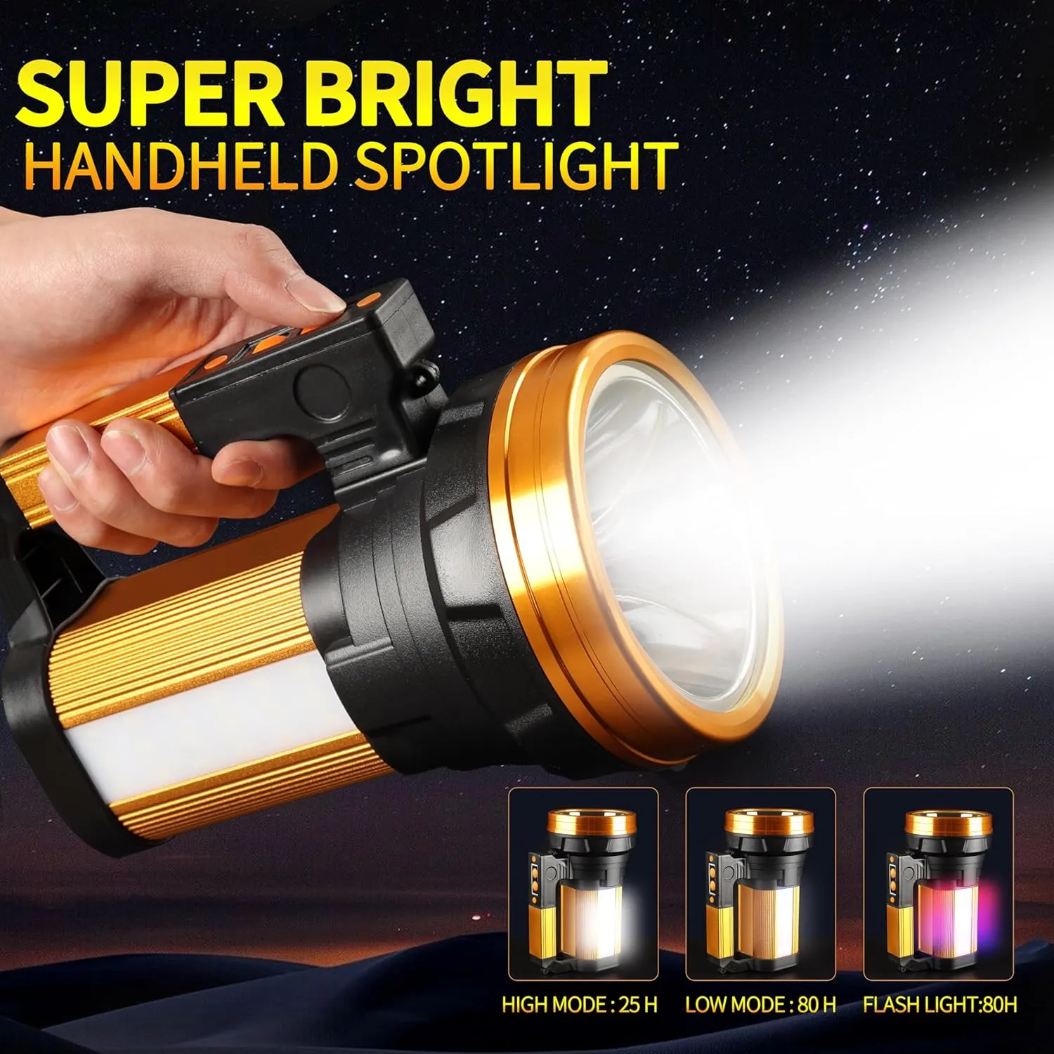Rechargeable 2000LM Spotlight Flashlight 13600mAh LED Spotlight IP67 Waterproof Handheld Flashlight with Double Side Lights Modes LED Flashligth Outdoor Huting Boat