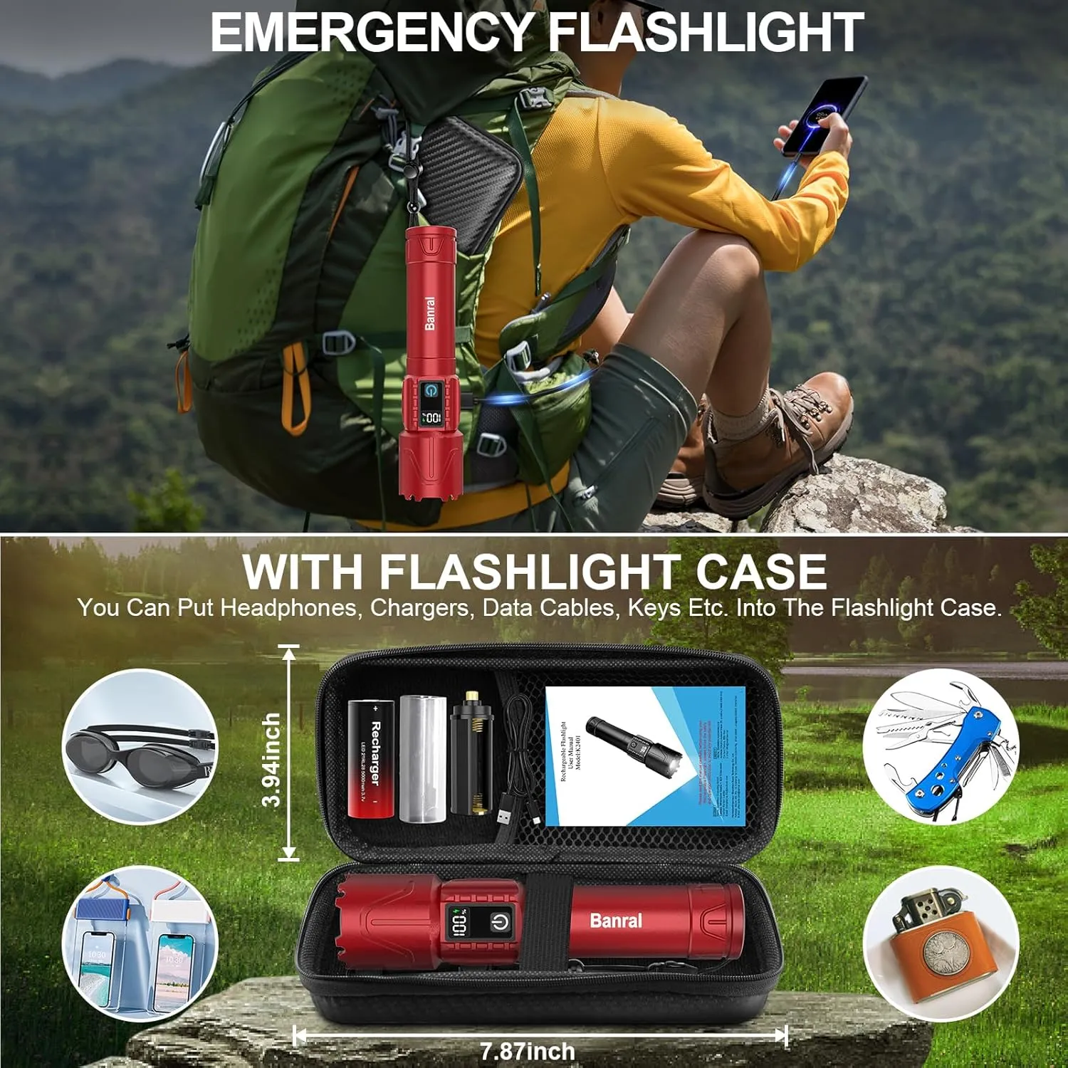 Rechargeable Flashlights High Lumens - Super Bright LED Tactical Flash Light, Powerful Waterproof Handheld USB C Flashlight for Camping,Emergencies,Home,5 Modes,Zoomable (1, Red)