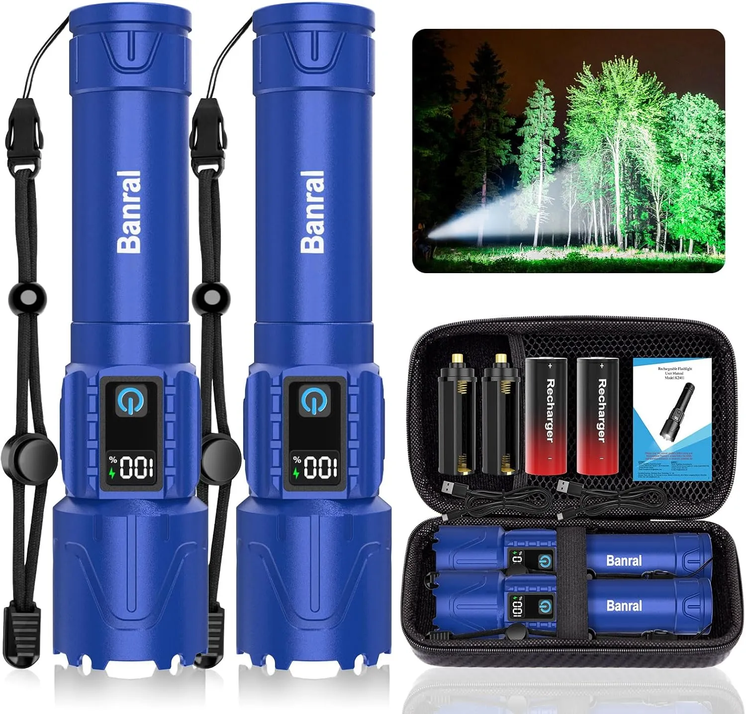 Rechargeable Flashlights High Lumens - Super Bright LED Tactical Flash Light, Powerful Waterproof Handheld USB C Flashlight for Camping,Emergencies,Home,5 Modes,Zoomable (2, Blue)