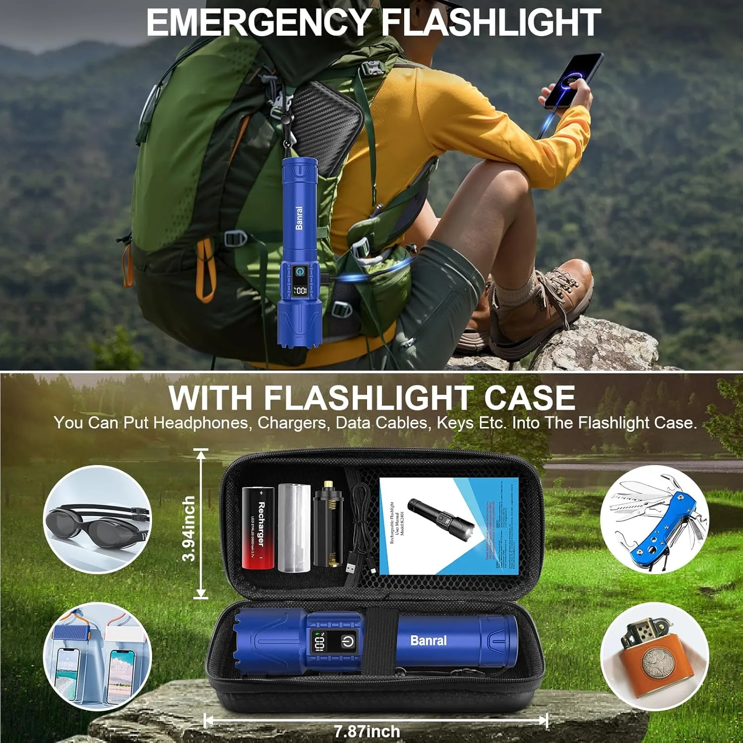 Rechargeable Flashlights High Lumens - Super Bright LED Tactical Flash Light, Powerful Waterproof Handheld USB C Flashlight for Camping,Emergencies,Home,5 Modes,Zoomable (2, Blue)