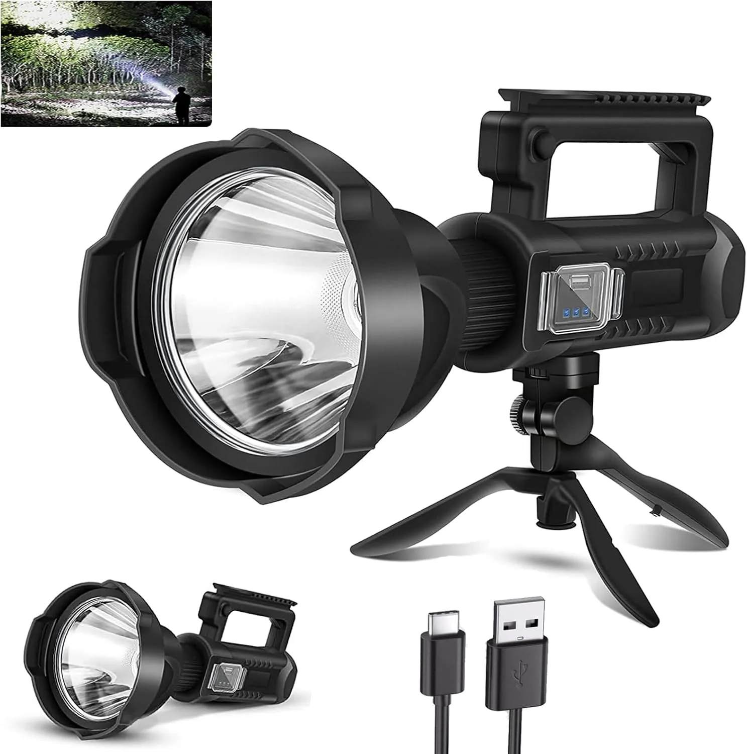 Rechargeable Spotlight, High Lumens Led Spot Lights Outdoor Handheld Super Bright Long Range Powerful Flashlight with 4 Modes, Tripod, USB C, IPX5 Waterproof for Fishing Boating Camping