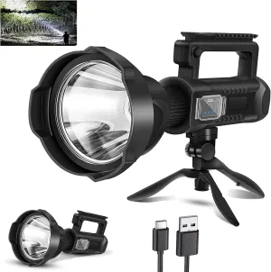 Rechargeable Spotlight, High Lumens Led Spot Lights Outdoor Handheld Super Bright Long Range Powerful Flashlight with 4 Modes, Tripod, USB C, IPX5 Waterproof for Fishing Boating Camping