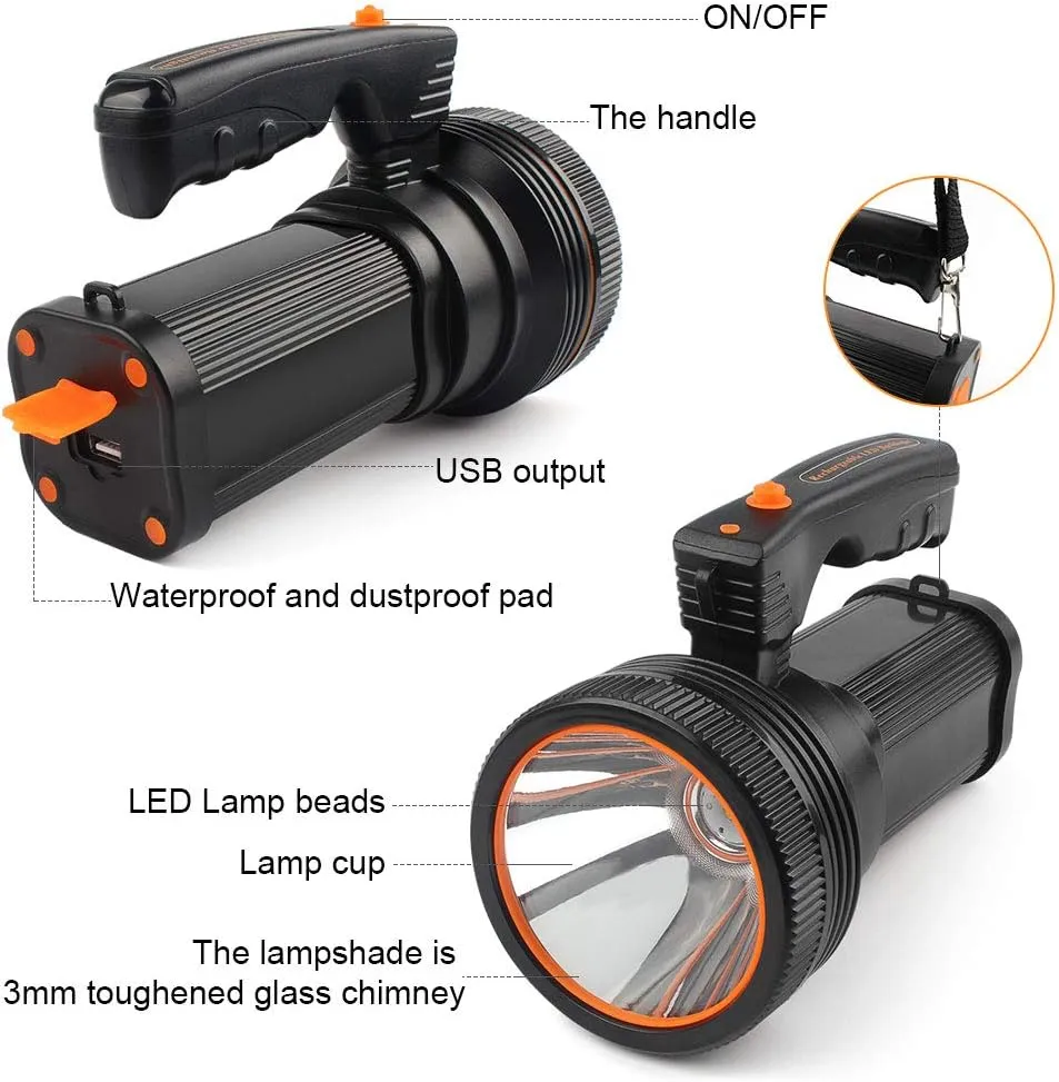 Rechargeable Torch Lantern 7000 Lumens Super Bright Waterproof Handheld Flashlight Spotlight Portable LED Searchlight (Black)