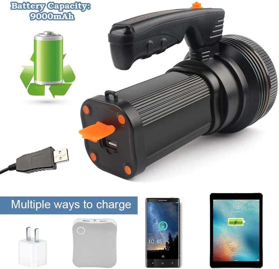 Rechargeable Torch Lantern 7000 Lumens Super Bright Waterproof Handheld Flashlight Spotlight Portable LED Searchlight (Black)