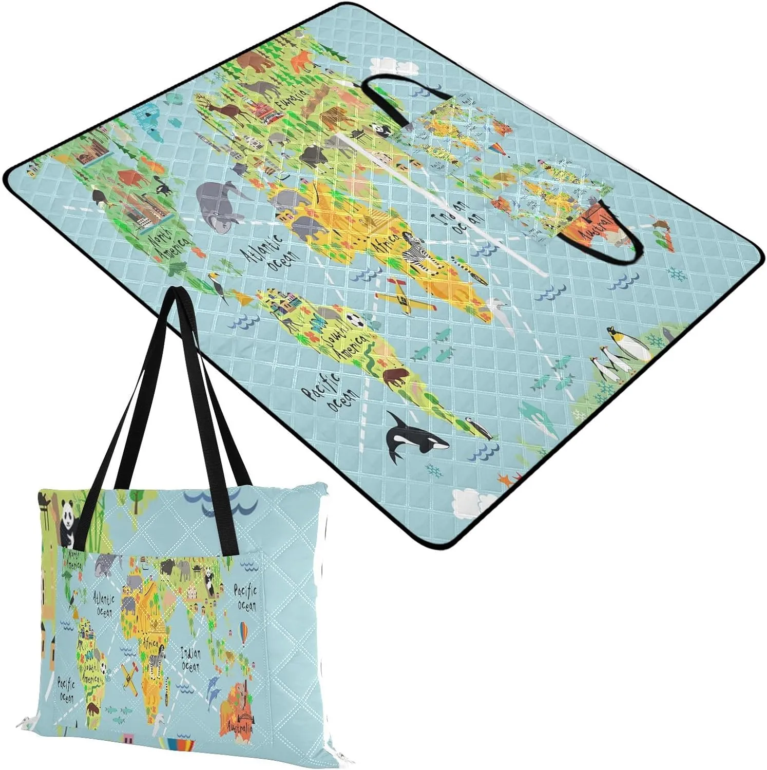 Rectangle Picnic Mat, Outdoor Tote Waterproof Backing Handy Portable Blanket for Family Friends Camping Beach Yoga Hiking Print Cartoon World Map with Animals