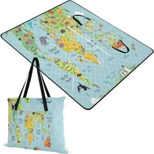 Rectangle Picnic Mat, Outdoor Tote Waterproof Backing Handy Portable Blanket for Family Friends Camping Beach Yoga Hiking Print Cartoon World Map with Animals
