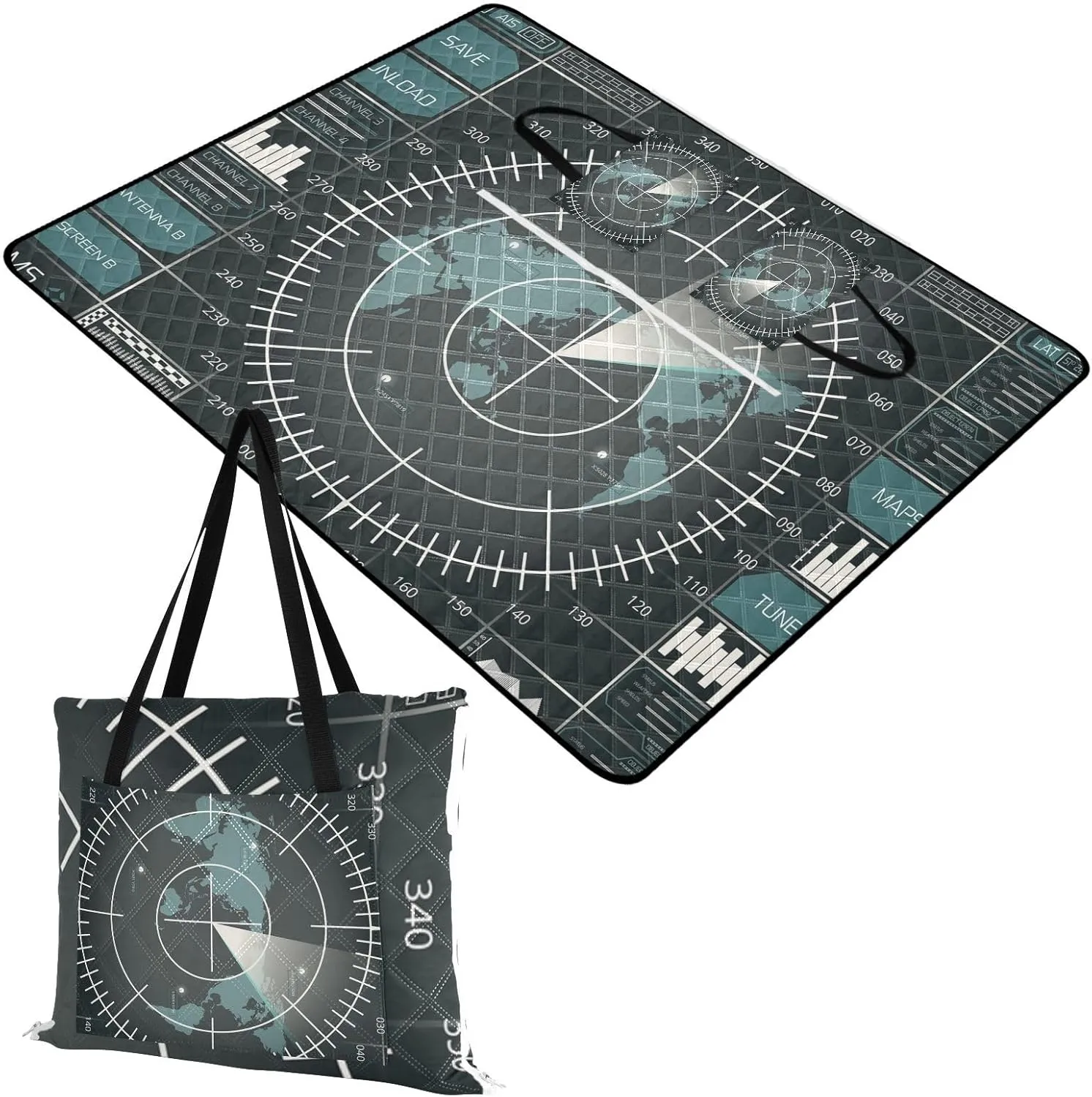 Rectangle Picnic Mat, Outdoor Tote Waterproof Backing Handy Portable Blanket for Family Friends Camping Beach Yoga Hiking Print Digital Radar Screen with World Map Targets