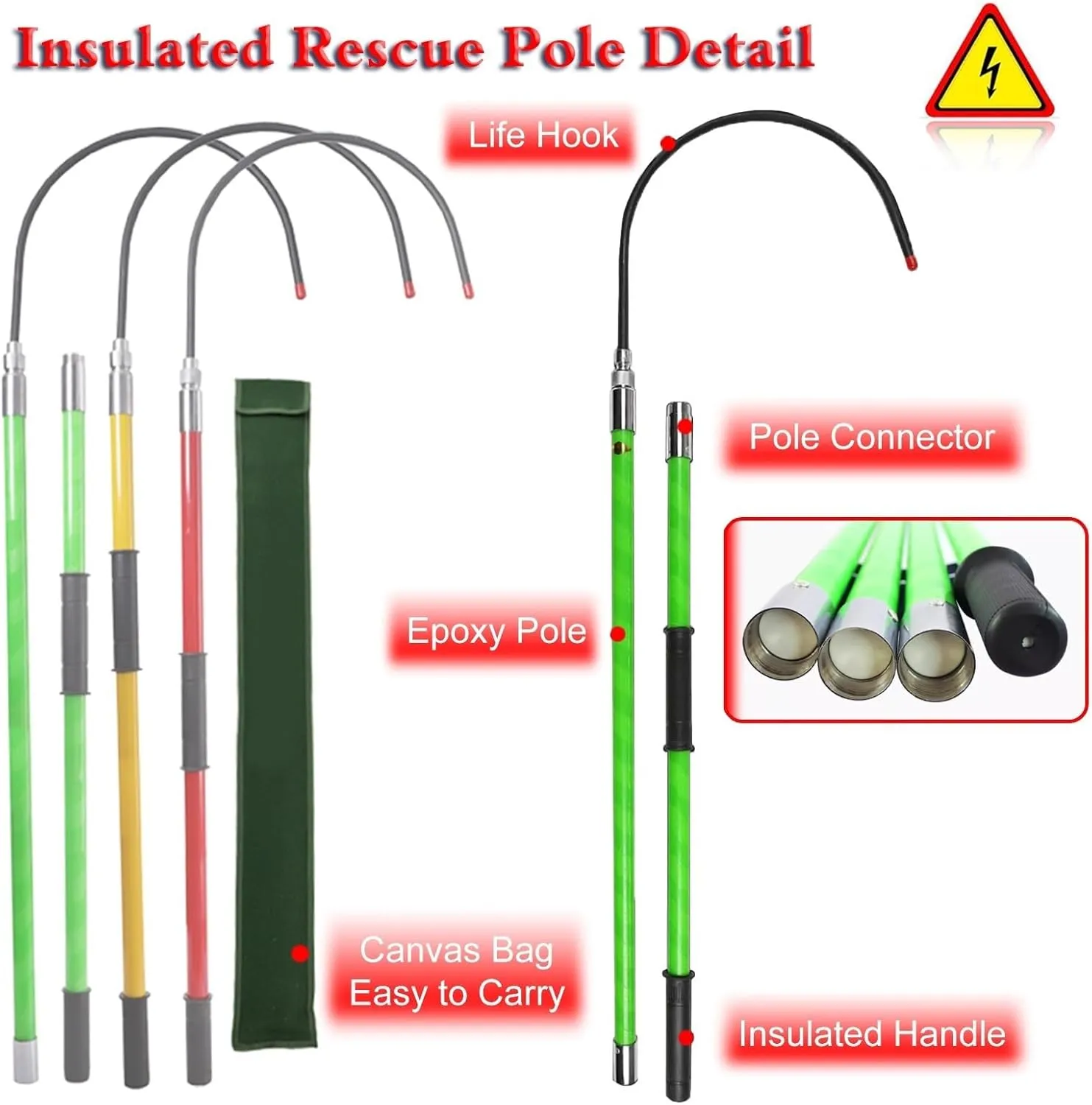 Red Insulated Rescue Hook, Insulation Rod with Hooks/Detachable Electrical Safety Tool, High Voltage Anti Electric Shock Rescue Pole(8 pcs,6.6ft/2.0m-110kv)