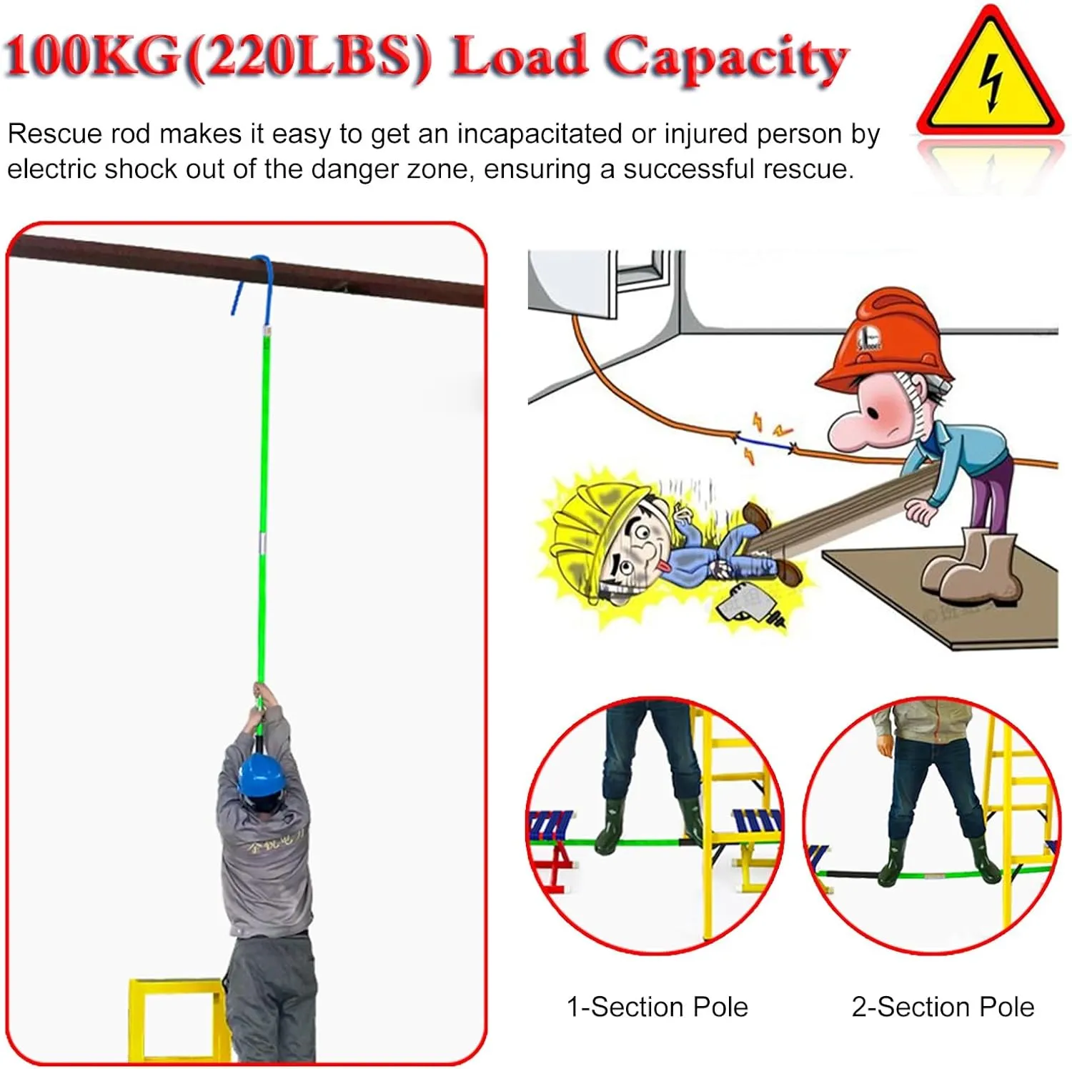 Red Insulated Rescue Hook, Insulation Rod with Hooks/Detachable Electrical Safety Tool, High Voltage Anti Electric Shock Rescue Pole(8 pcs,6.6ft/2.0m-110kv)