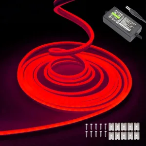 Red Neon LED Strip Lights - 16.4ft (5M) 12V DC 600 SMD2835 LEDs Waterproof Flexible Rope Light for Indoor/Outdoor Decor (Includes Power Adapter)