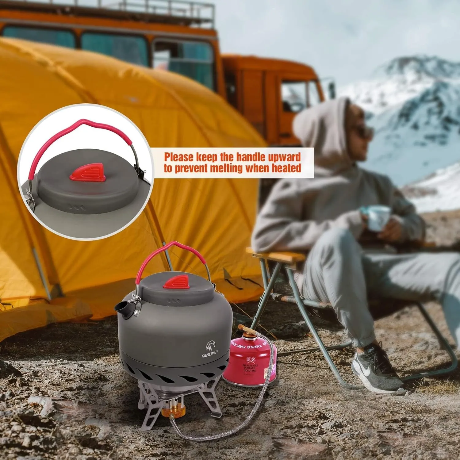 REDCAMP 1.4L Outdoor Camping Kettle with Heat Exchanger, Aluminum Camp Tea Kettle with Carrying Bag, Compact Lightweight Coffee Pot