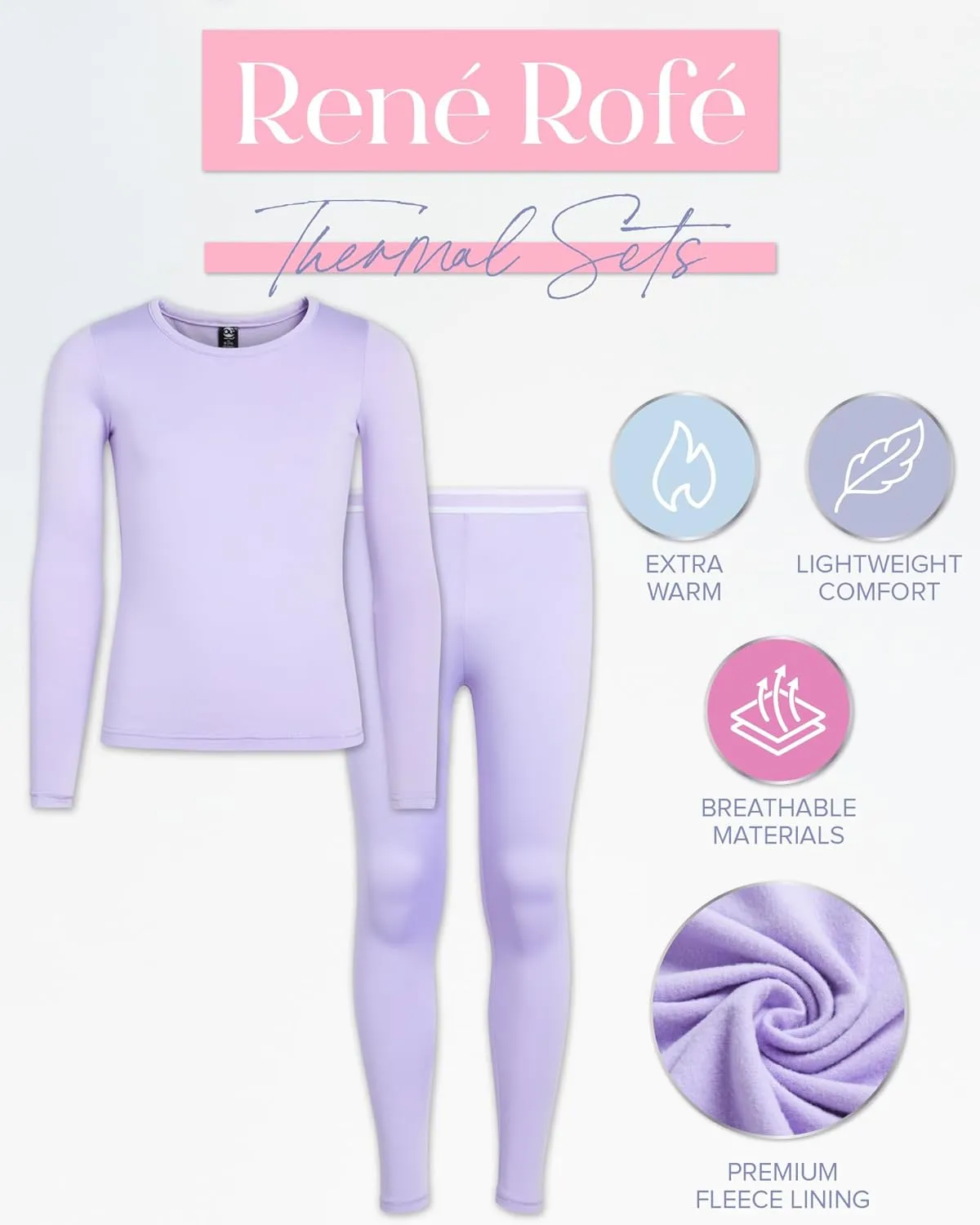 Rene Rofe Girls' Performance Thermal Underwear Set - 4 Piece Cozy Fleece Long Johns Base Layer Set for Girls (Sizes: 2T-16)