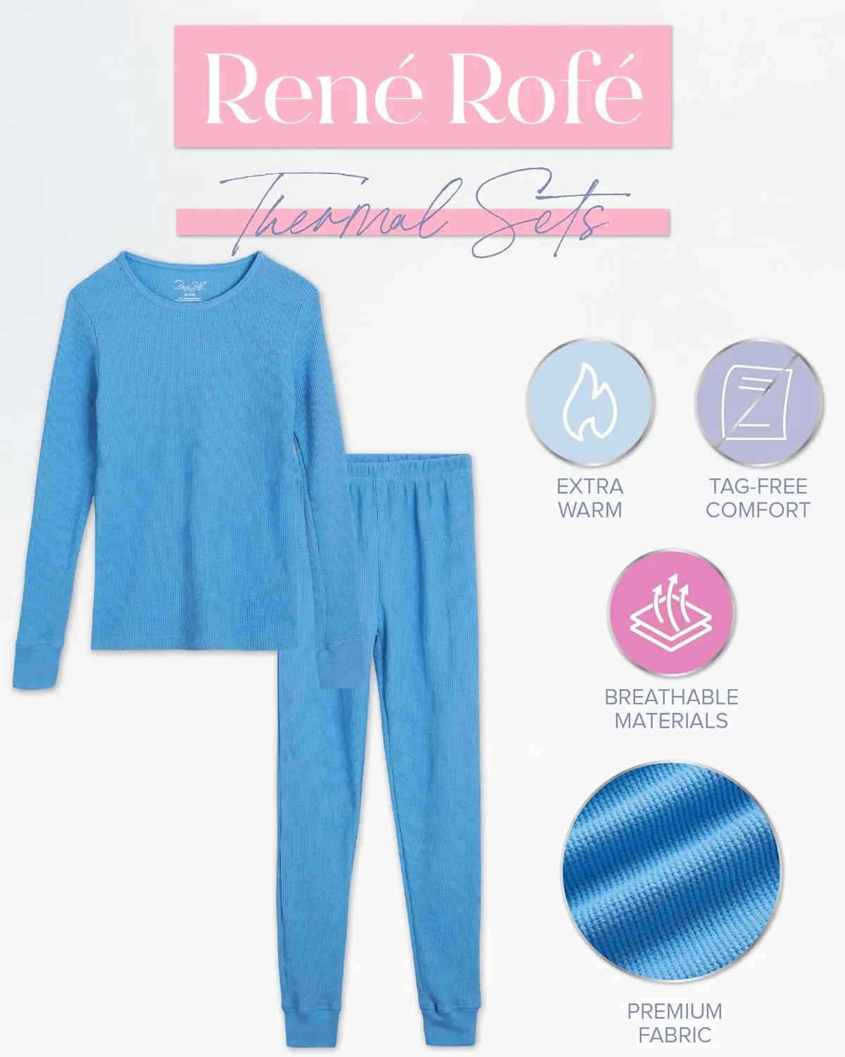 Rene Rofe Girls’ Thermal Underwear Set – 4 Piece Waffle Knit Top and Long Johns (2T-16)