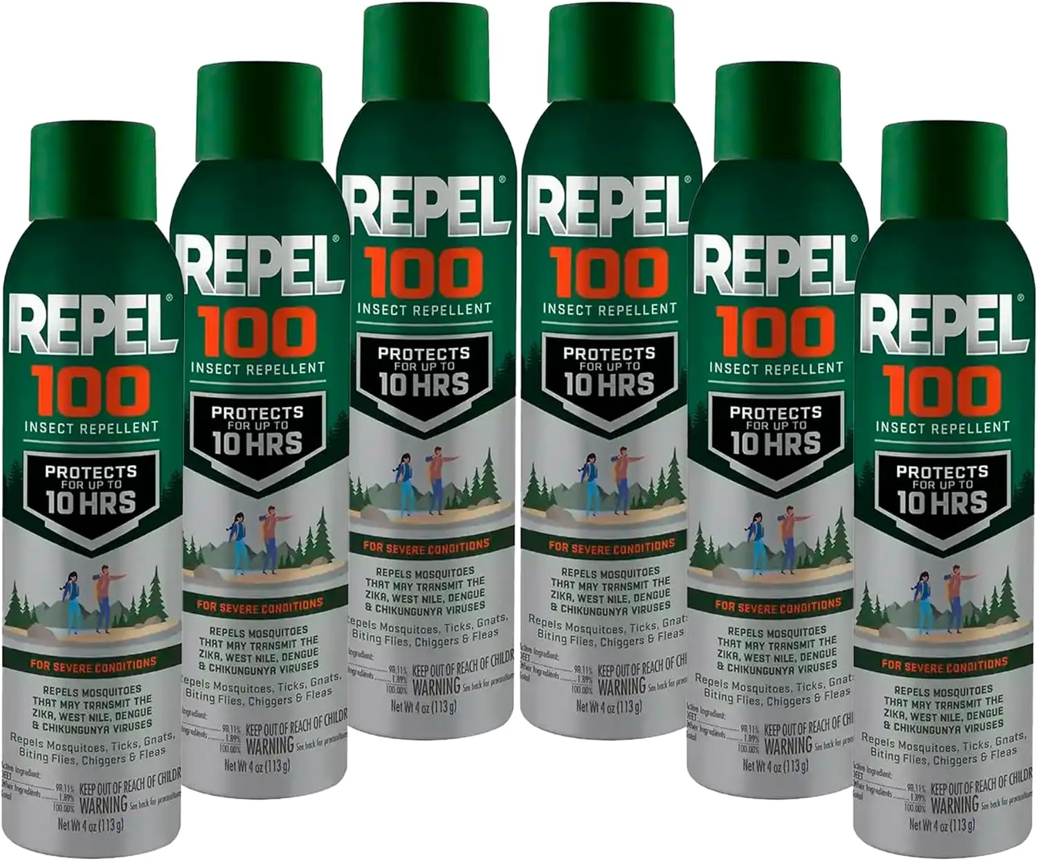 Repel 100 Insect Repellent, 4 Ounces, 98% DEET 10-Hour Protection Lon-Lasting Insect Repellent Aerosol Spray Repels Mosquitoes, Ticks, Gnats, Biting Flies, Chiggers and Fleas (Pack of 6)