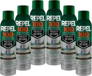 Repel 100 Insect Repellent, 4 Ounces, 98% DEET 10-Hour Protection Lon-Lasting Insect Repellent Aerosol Spray Repels Mosquitoes, Ticks, Gnats, Biting Flies, Chiggers and Fleas (Pack of 6)
