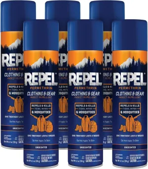 Repel Permethrin Clothing & Gear Insect Repellent, Use on Outdoor Gear, Tents and Sleeping Bags, Repels Mosquitoes, Ticks, Mites, (Aerosol Spray), 6.5 Fl Oz (Pack of 6)