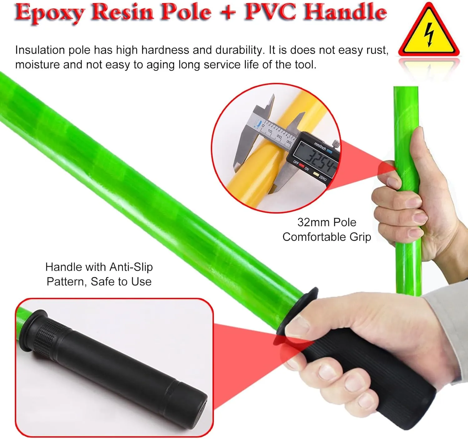 Rescue Hook Lifeguard Rod Green Safety Rescue Hook 10ft 6.6ft 5ft 3.3ft, High Voltage Anti Electric Shock Life-Saving Insulated Pole for Fire Electrician, with Anti Slip Handle & Carrying Bag(1.5m/4.9