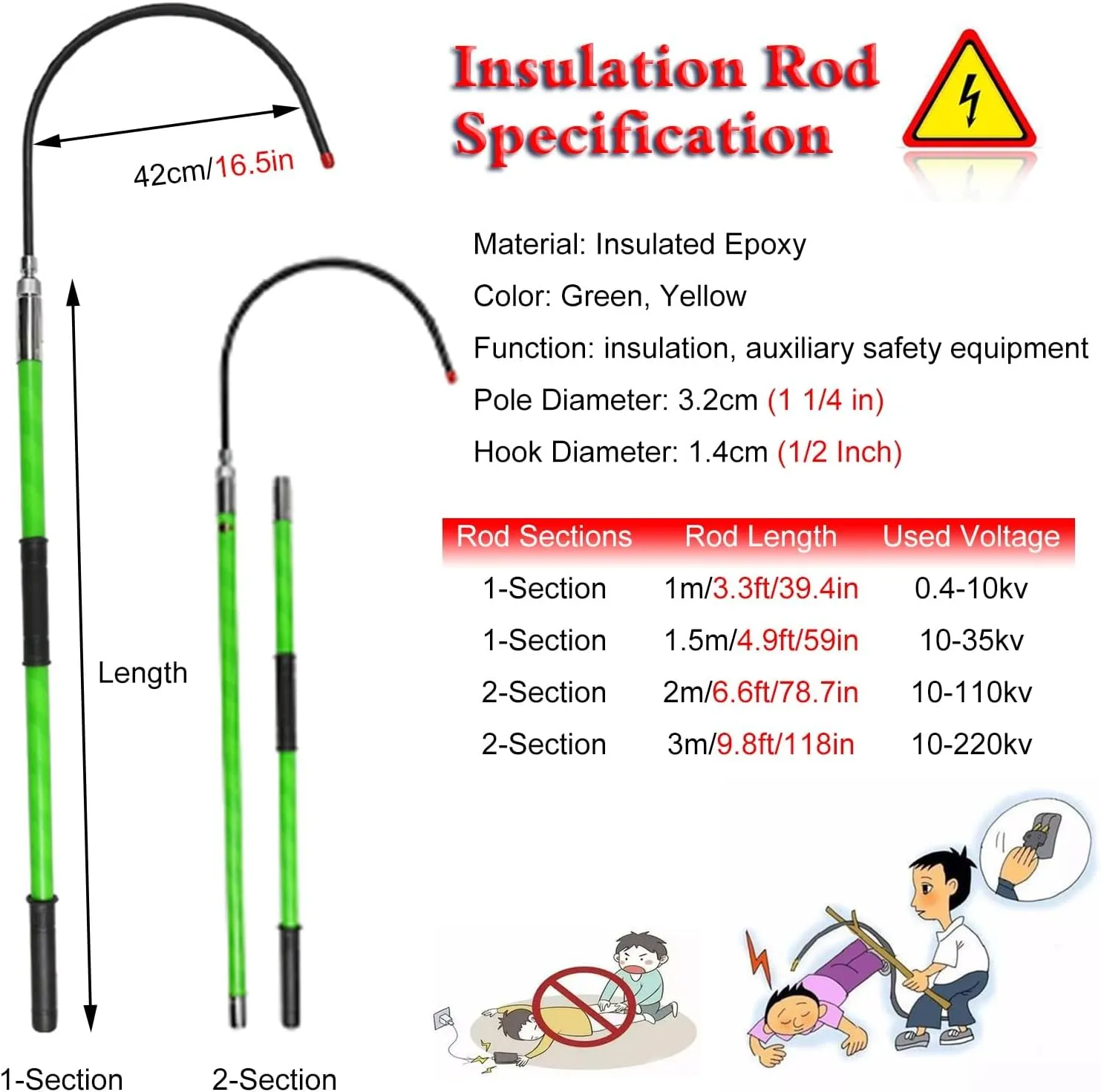 Rescue Hook Lifeguard Rod Green Safety Rescue Hook 10ft 6.6ft 5ft 3.3ft, High Voltage Anti Electric Shock Life-Saving Insulated Pole for Fire Electrician, with Anti Slip Handle & Carrying Bag(1.5m/4.9