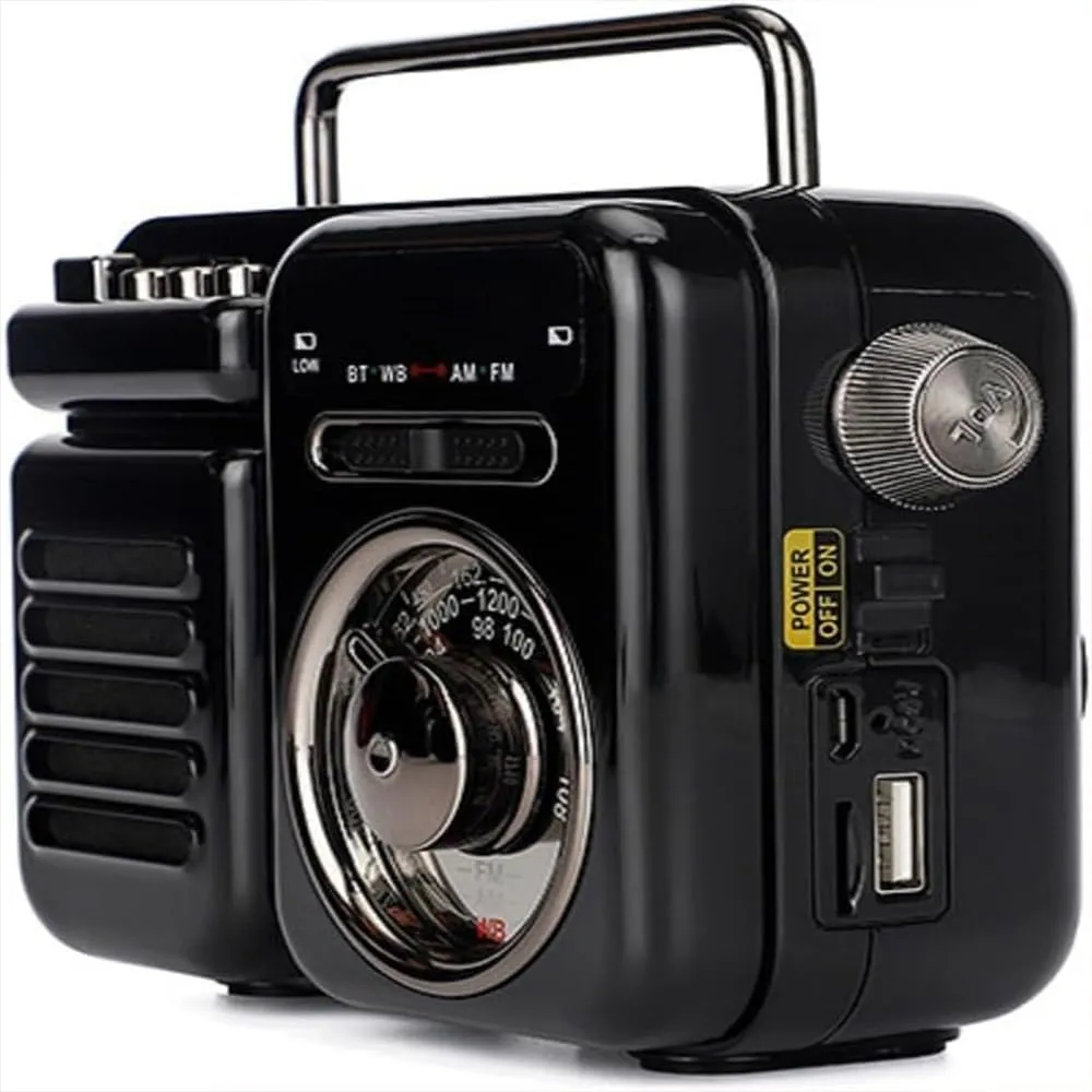 Retrowave 7-in-1 Radio, 2025 Emergency & Camping Essential w/AM/FM/SW   Bluetooth/TF/Aux | SOS Alarm & LED Flashlight | Solar/Crank/Battery Power (Black)