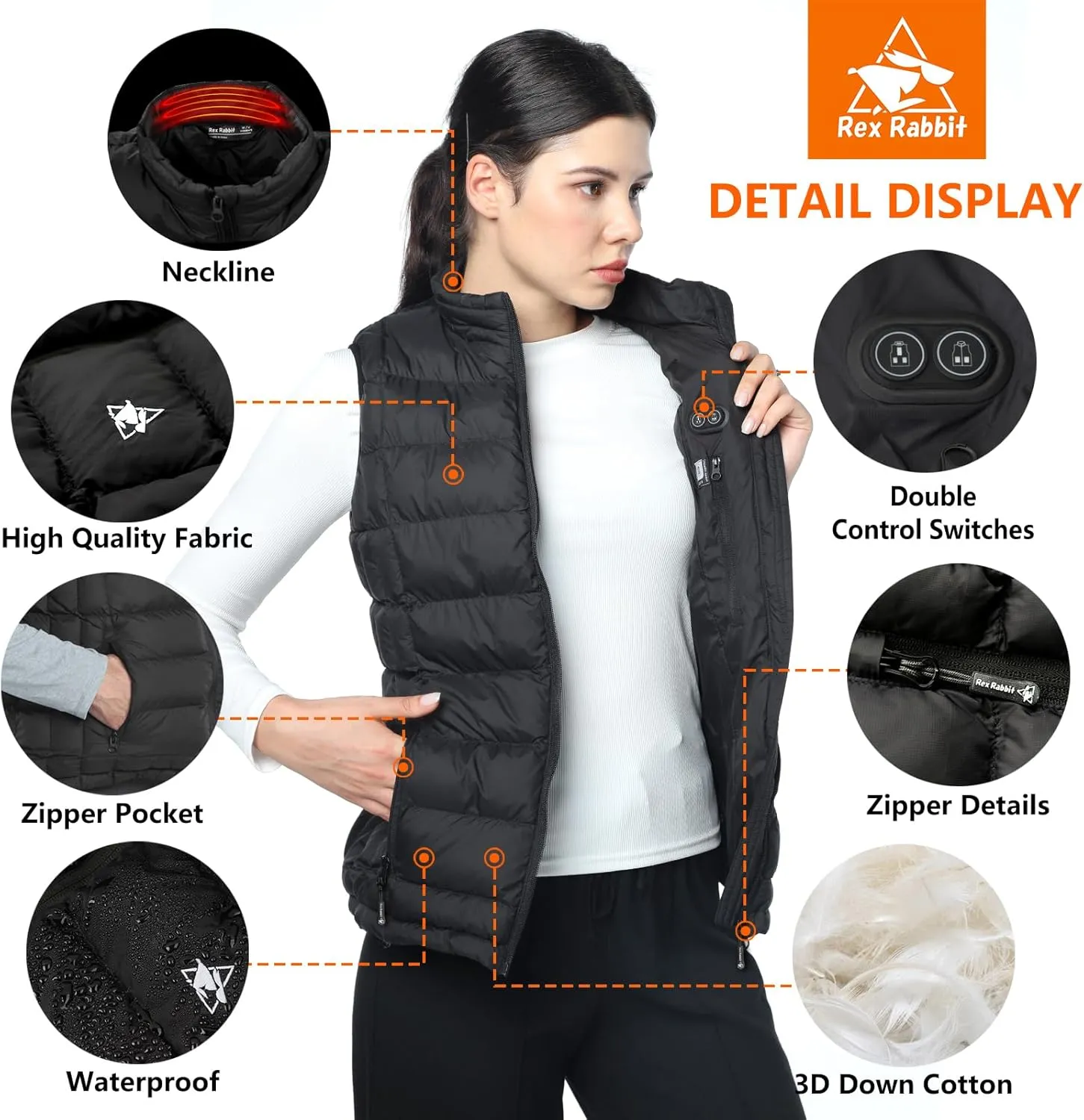 Rex Rabbit Heated Vest for Women,Electric Vest for Women 6 Heating Zones,Electric Heating Vest Battery Pack Plug Included